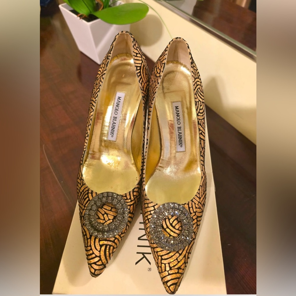 Manolo Blahnik Descortes Crystal Pumps
Gold Black
